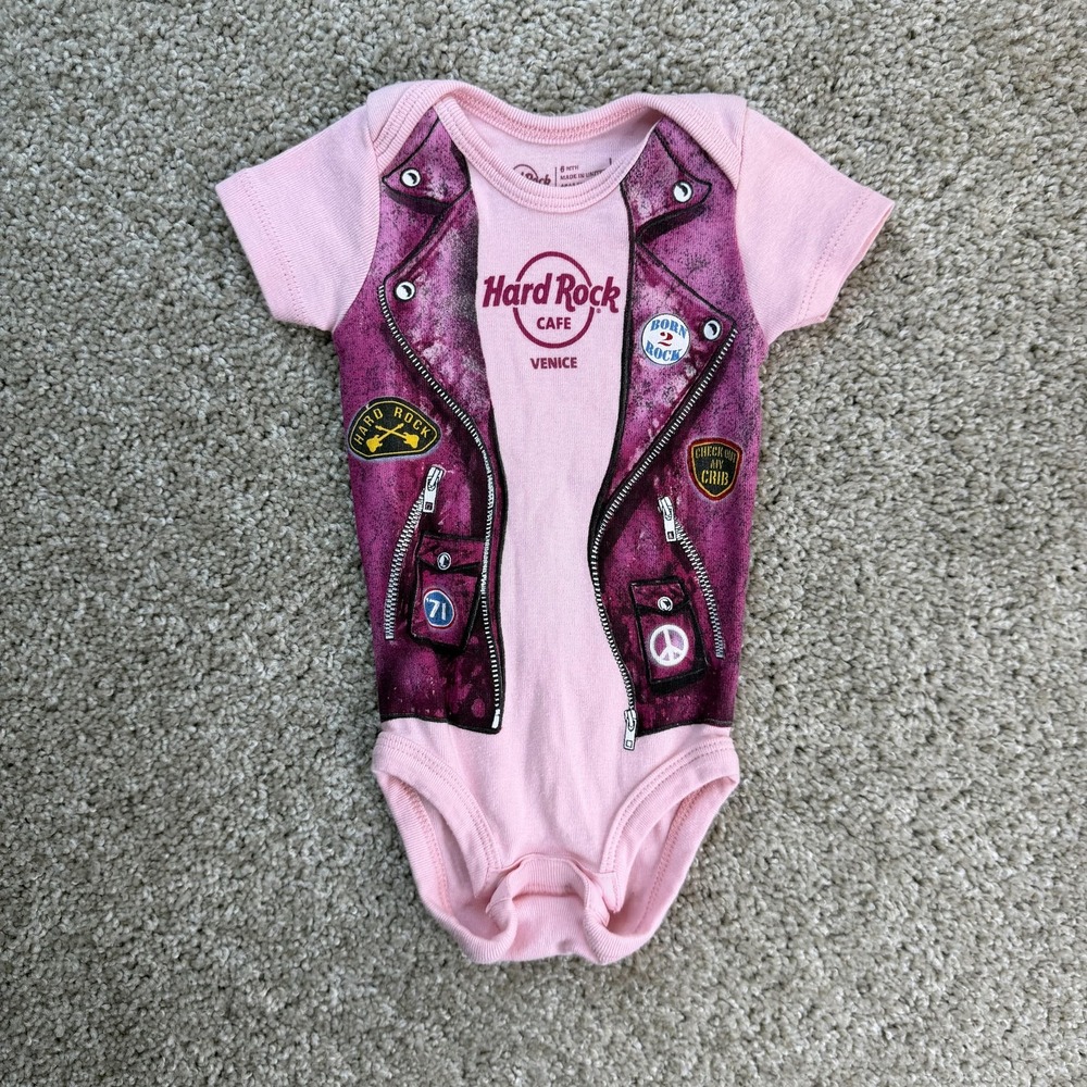 Hard Rock Romper Baby Girls 3-6M Pink Cafe Venice Biker Vest Graphic Bodysuit